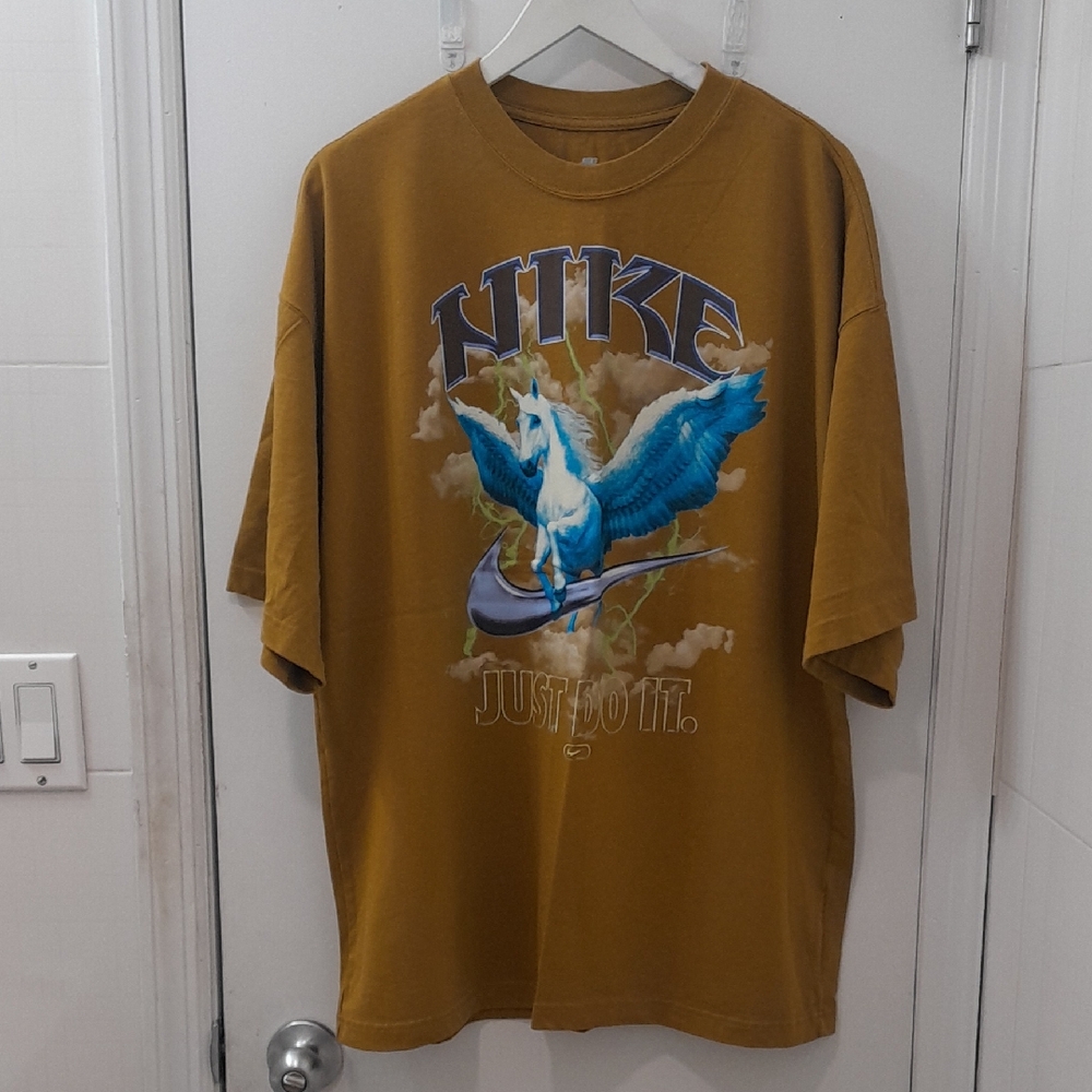 Nike Mustard T-Shirt with Blue Pegasus Design